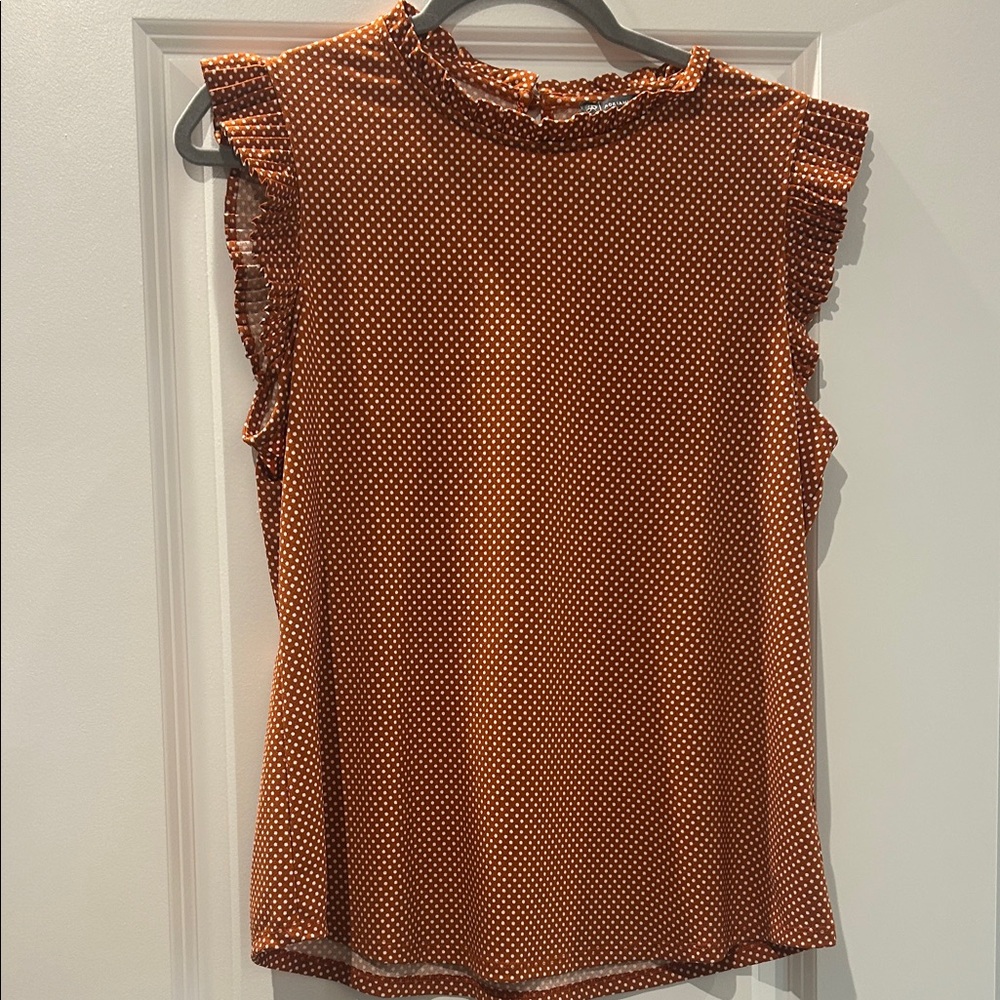 Adrianna Papell Women's Ruffled Polka Dot Top Blouse Burnt Orange White - Medium
